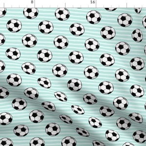 Soccer Fabric - Soccer Balls - Dark Mint Stripes By Littlearrowdesign - Soccer Ball On Stripes Cotton Fabric By The Yard With Spoonflower