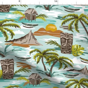 May include: Fabric featuring a tropical design with repeating motifs of palm trees, tiki masks, huts, canoes, mountains, and a setting sun. The colour scheme includes blue, green, brown, and yellow, creating a vibrant summery pattern.