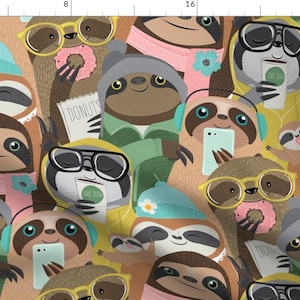 Sloths In Society Fabric - Big City Sloths By Michaelzindell - Sloths Selfies Donuts Modern Cotton Fabric By The Yard With Spoonflower