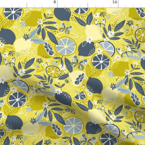 Pop Lemons Fabric - Lemon Squeeze by damaste - Yellow Chartreuse Navy Blue Spring Garden Citrus Kitchen Fabric by the Yard by Spoonflower