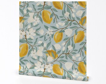 Lemon Flowers Wallpaper - Lemon Tree On Blue by lauren_faye_peachey - Floral Fruit Citrus Removable Peel and Stick Wallpaper by Spoonflower