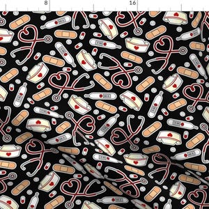 Nurse Fabric - Cute Nurse Love Black Red Medium Scale By Jannasalak- Health Care Essential Worker Cotton Fabric By The Yard With Spoonflower