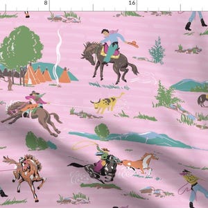 Western Fabric - Cowboys On Pink by ponymacaroni -  Cowboy Ranch Horse Southwestern Mountains Equine Fabric by the Yard by Spoonflower