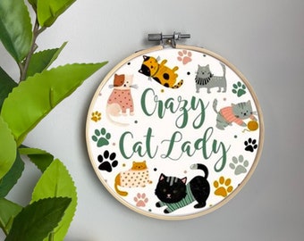 Cat Embroidery Template on Cotton - Crazy Cat Lady By kristeninstitches - Kitty Embroidery Pattern for 6" Hoop Custom Printed by Spoonflower