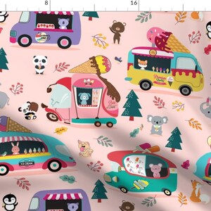 Whimsical Animals Ice Cream Truck Fabric - Ice Cream Trucks Animals By Unalome Designs - Pink Cotton Fabric By The Yard With Spoonflower