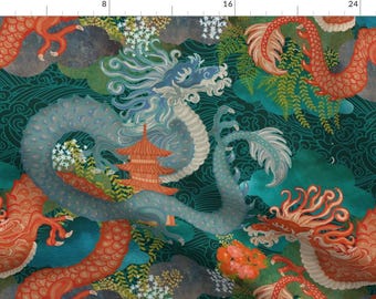 Cryptozoology Fabric - Ryu Ocean Dragon By Honoluludesigns - Blue Orange Nautical Monster Asian Cotton Fabric By The Yard With Spoonflower