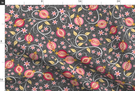 Pomegranate Fabric - A Jewel Of A Fruit By Inscribed Here - Pomegranate Food Gray Red Botanical Cotton Fabric By The Yard With Spoonflower