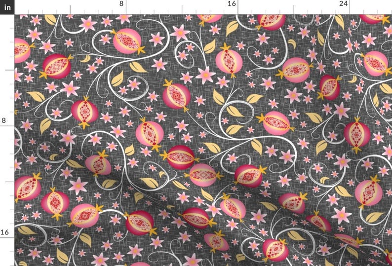 Pomegranate Fabric - A Jewel Of A Fruit By Inscribed Here - Pomegranate Food Gray Red Botanical Cotton Fabric By The Yard With Spoonflower image 1