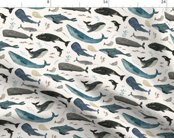 Whale Fabric - Whale's Song Blue Small By Katherine Quinn - Watercolor Whale Pod Baby Nursery Cotton Fabric By The Yard With Spoonflower