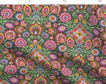 Polish Folk Art Floral Fabric - Wycinanki Garden By Groovity - Green Pink Traditional Flowers Cotton Fabric By The Yard With Spoonflower