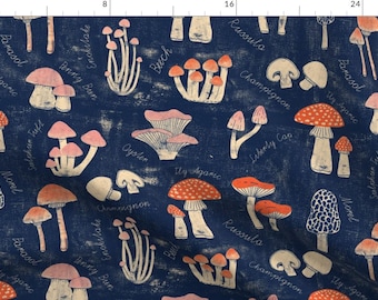 Mushroom Fabric - Botanical Mushroom Collection By Whimsical Brush - Navy Blue Pink Orange Nature Cotton Fabric By The Yard With Spoonflower