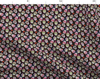 Sugar Skulls Fabric - Sugar Skulls On Black Background By Khaus - Skull Flower Day of the Dead Cotton Fabric By The Yard With Spoonflower