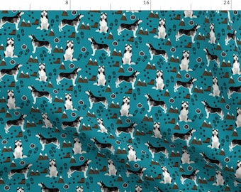Husky Fabric - Husky Fabric Siberian Mountains Hiking Compass Paw Prints Teal By Petfriendly - Cotton Fabric By The Yard With Spoonflower