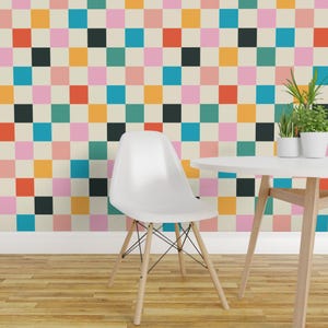Papel pintado retro a cuadros, removible y autoadhesivo - Rosa y naranja moderno - Decoración de pared - Cuadros brillantes de mediados de siglo por stephaniewest