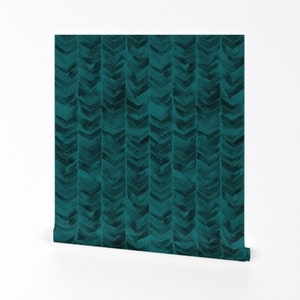 Chevron Wallpaper -  Teal On Black Chevron Teal By Liz Sawyer Design - Custom Printed Removable Self Adhesive Wallpaper Roll by Spoonflower