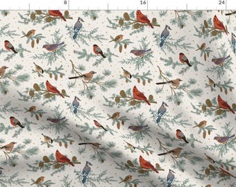 Vintage Fabric - Winter Birds Snow by olgakorneeva - Birds Birdwatching Winter Christmas Holiday Bluebird Fabric by the Yard by Spoonflower
