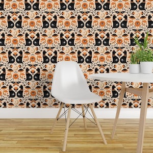 Halloween Damast Ablösbare Tapete zum Abziehen und Aufkleben - Schwarze Katzen Motten Himmlische Hexe - Wandkunst Wanddekor - Halloween by daisyandbumble