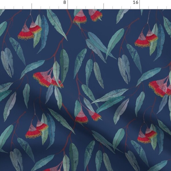 Eucalyptus Fabric - Eucalyptus Leaves And Flowers On Blue /1/ Scale By Lavish Season - Eucalyptus Cotton Fabric By The Yard With Spoonflower