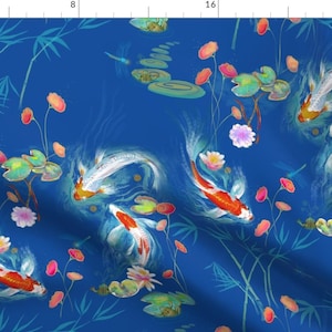 Blue Koi Fish Watercolor Fabric - Japanese Water Garden -Blue By Designed By Debby - Blue Cotton Fabric By The Yard With Spoonflower