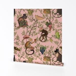 Antique Chinoiserie Removable Peel and Stick Wallpaper - Whimsical Drunk Monkey Rococo - Wall Art Wall Decor - Monkey Garden Party by utart