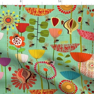 Scandinavian Vintage Mod Fabric - Where The Bees Fly By Chicca Besso - Mod Floral Home Decor Cotton Fabric By The Yard With Spoonflower