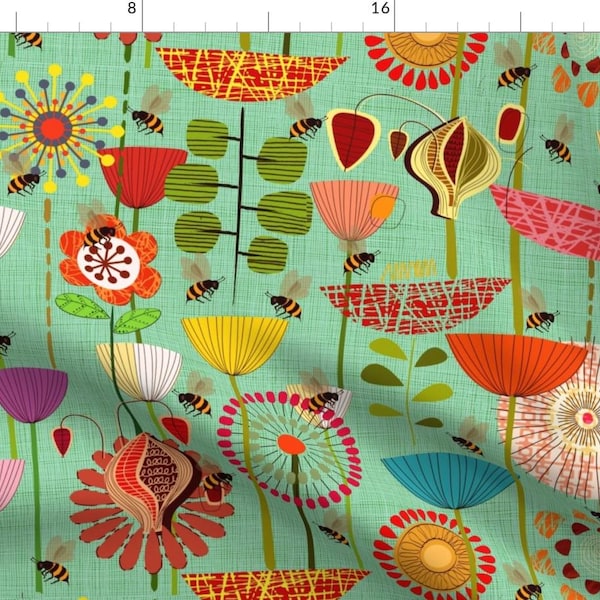Scandinavian Vintage Mod Fabric - Where The Bees Fly By Chicca Besso - Mod Floral Home Decor Cotton Fabric By The Yard With Spoonflower