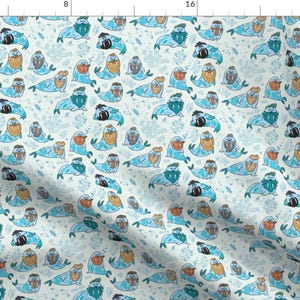 May include: A white background with a repeating pattern of blue walruses wearing hats and beards. The walruses are all facing forward and have a variety of facial expressions. The background is filled with small, white, blue, and orange details.