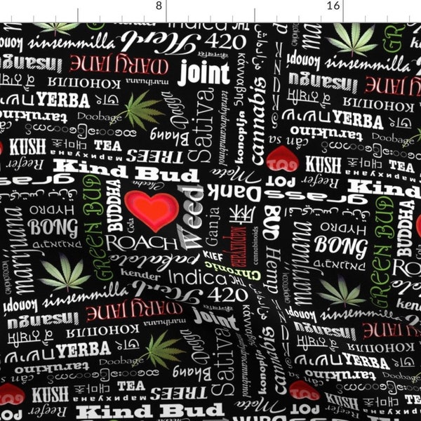 Marijuana Vocabulary Fabric - Marijuana Names By Camomoto - Black and Red Weed Words Cotton Fabric By The Yard With Spoonflower