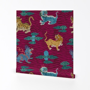 Chinese Inspired Removable Peel and Stick Wallpaper - Animals Dragon Leopard - Wall Art Wall Decor - Primitive Beasts by danika_herrick