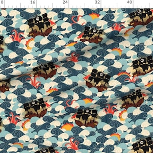 Pirate Clouds Ocean Nautical Fabric - Pirate Ships In Rough Seas By Happy By Design - Pirate Cotton Fabric By The Yard With Spoonflower image 2