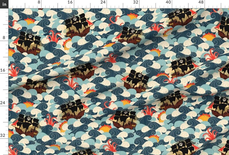 Pirate Clouds Ocean Nautical Fabric - Pirate Ships In Rough Seas By Happy By Design - Pirate Cotton Fabric By The Yard With Spoonflower image 2