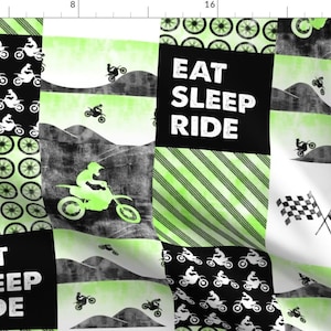 Green Fabric - Motocross Patchwork  by littlearrowdesign -  Motorcycle Patchwork Cheater Quilt Motocross  Fabric by the Yard by Spoonflower