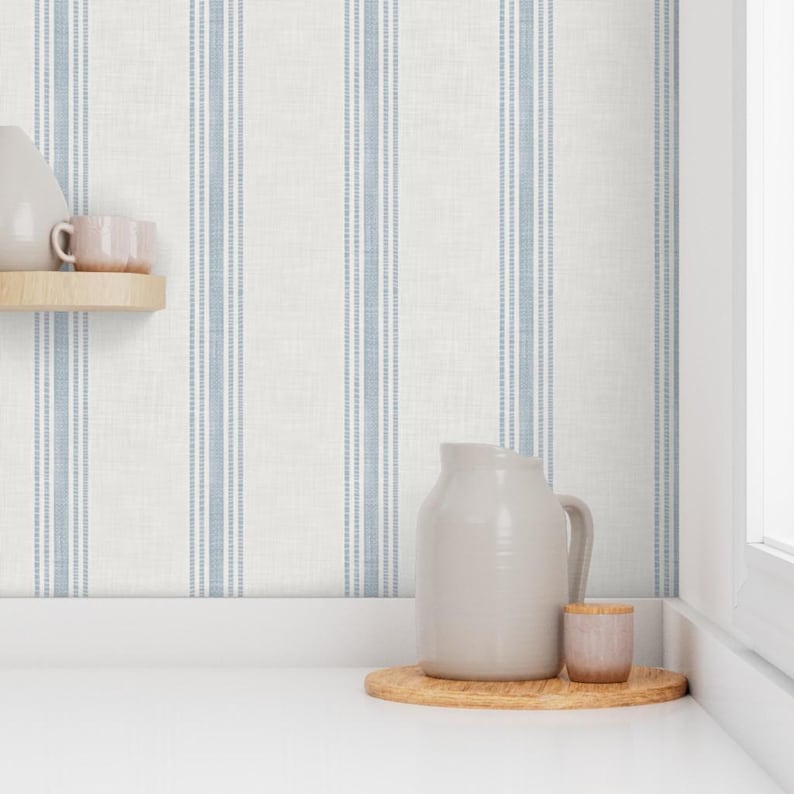 Blue Ticking Stripe Peel and Stick Wallpaper - French Farmhouse Country Rustic - Removable Wall Decor Art - French Provincial by kittenlane image 7
