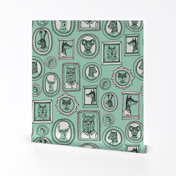 Nursery Wallpaper - Animal Frames / Woodland Portrait Mint by Andrea Lauren - Custom Removable Self Adhesive Wallpaper Roll by Spoonflower