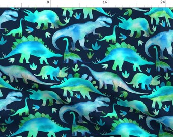 Watercolour Fabric - Blue And Green Dinosaurs By Emmaallardsmith Dinos Baby Nursery Kid Science - Cotton Fabric By The Yard With Spoonflower