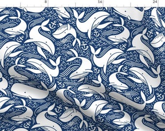 Whales Fabric - Whales No 2. - Navy By Khubbs - Nautical Whales Ocean Sea Water Anchor Blue White Cotton Fabric By The Yard With Spoonflower