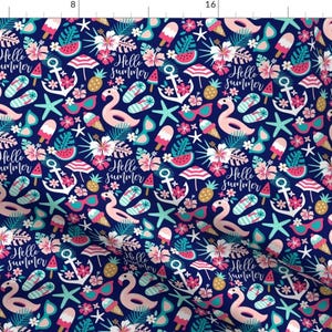 May include: Navy blue fabric with a repeating pattern of summer-themed illustrations. The design includes pink flamingos, anchors, sunglasses, flip-flops, and the text "Hello Summer". Other elements include pineapples, watermelon slices, and ice cream.
