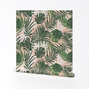 Tropical Wallpaper - Hideaway By Heatherdutton - Tropical Palm Leaves Blush Green Removable Self Adhesive Wallpaper Roll by Spoonflower