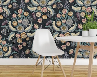 Dark Floral Damask Peel and Stick Wallpaper - Large Scale Soft Pink - Removable Wall Decor Art - Moody Victorian Bouquet by illaberek