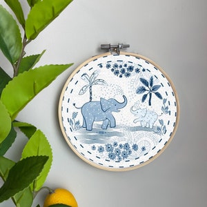 Safari Embroidery Template on Cotton - Blue Elephants By Illaberek - Nursery Embroidery Pattern for 6&quot; Hoop Custom Printed by Spoonflower