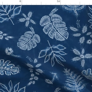 Shibori Blue Floral Illustration Fabric - Indigo Shibori Jungle By Gartmanstudio - Shibori Cotton Fabric By The Yard With Spoonflower