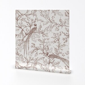 Chinoiserie Wallpaper - Chinoiserie Birds by smokeinthewoods - Neutral Taupe Removable Peel and Stick Wallpaper by Spoonflower