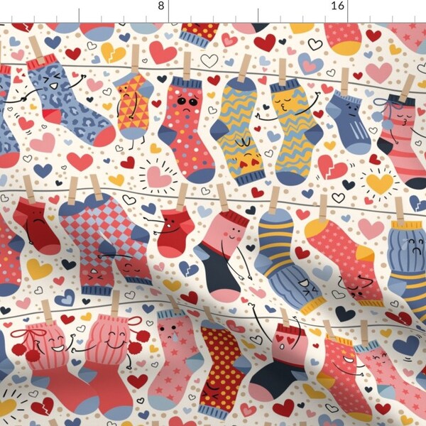 Valentines Day Fabric - Mismatched Socks by damaste - Love Romance Quirky Whimsical Pink Blue Cream Fabric by the Yard by Spoonflower