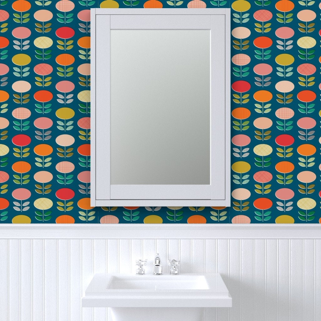 Modern Floral Wallpaper Mod Posies Ocean Blue by Katerhees | Etsy