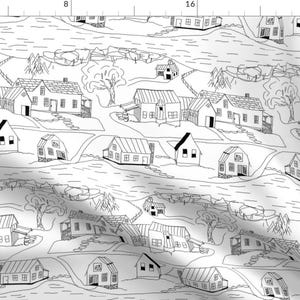 Minimalist Neighborhood Fabric - Sketch Of Neighborhood By Khowardquilts - Black and White Barns Cotton Fabric By The Yard With Spoonflower