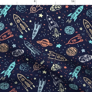 Space Fabric - Space Voyage By Motmagic - Blue Rocket Kids Science Astronomy Colorful Boys Stars Cotton Fabric By The Yard With Spoonflower