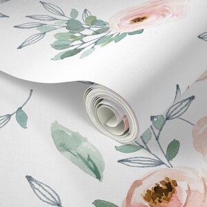 Pink Wallpaper - Gables Rose / White By Shopcabin - Pink White Roses Custom Printed Removable Self Adhesive Wallpaper Roll by Spoonflower image 3