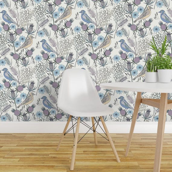 Birds Wallpaper - Thistle Birds, Cream By De-Ann Black - Birds Thistle Custom Printed Removable Self Adhesive Wallpaper Roll by Spoonflower