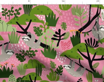 Cute Sloth Fabric - Sloth Cloth - Blush By Lellobird - Sloths In Trees Forest Nursery Pattern Cotton Fabric By The Yard With Spoonflower