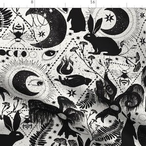 Magic Fabric - Magician's Land By Lidiebug - Magic Black White Witch Moon Hare Psychic Astrology Cotton Fabric By The Yard With Spoonflower